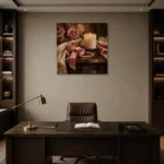 Blush Ribbon Romantic Bedroom Wall Art Canvas Print displayed in a contemporary gallery-inspired room