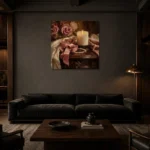 Blush Ribbon Romantic Bedroom Wall Art Canvas Print shown in a warm modern interior