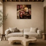 Blush Ribbon Romantic Bedroom Wall Art Canvas Print presented in a sophisticated home setting
