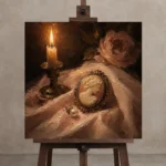 Candlelit Cameo Romantic Bedroom Wall Art Canvas Print displayed on a studio easel