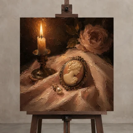 Candlelit Cameo Romantic Bedroom Wall Art Canvas Print shown in Studio Easel