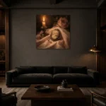 Candlelit Cameo Romantic Bedroom Wall Art Canvas Print shown in a warm modern interior