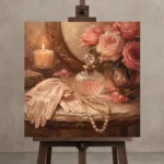 Crystal Perfume Vanity Romantic Bedroom Wall Art Canvas Print displayed on a studio easel