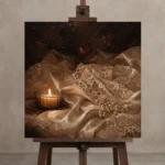 Lace and Pearls Romantic Bedroom Wall Art Canvas Print displayed on a studio easel