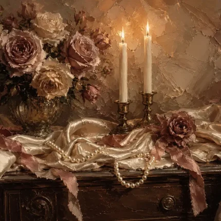 Double Candle Rose Bouquet Romantic Bedroom Wall Art Canvas Print