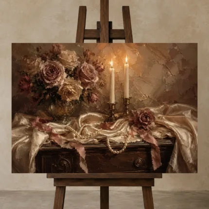 Double Candle Rose Bouquet Romantic Bedroom Wall Art Canvas Print shown in Studio Easel