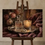 Candlelit Perfume Tray Romantic Bedroom Wall Art Canvas Print displayed on a studio easel