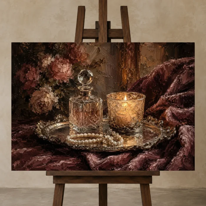 Candlelit Perfume Tray Romantic Bedroom Wall Art Canvas Print displayed on a studio easel