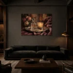 Candlelit Perfume Tray Romantic Bedroom Wall Art Canvas Print shown in a warm modern interior
