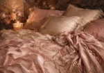 Blush Silk Bed Romantic Bedroom Wall Art Canvas Print