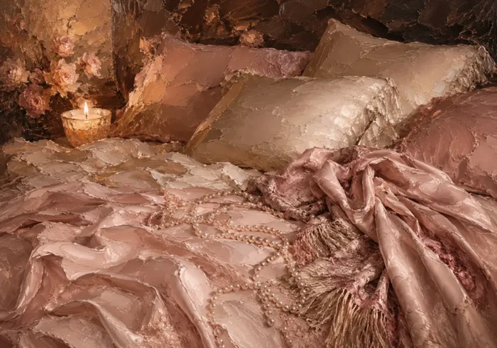 Blush Silk Bed Romantic Bedroom Wall Art Canvas Print