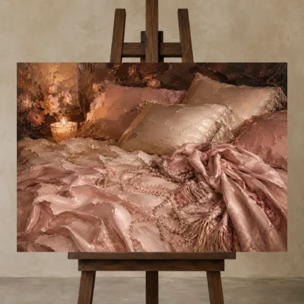 Blush Silk Bed Romantic Bedroom Wall Art Canvas Print shown in Studio Easel