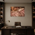 Blush Silk Bed Romantic Bedroom Wall Art Canvas Print displayed in a contemporary gallery-inspired room