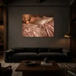 Blush Silk Bed Romantic Bedroom Wall Art Canvas Print shown in a warm modern interior