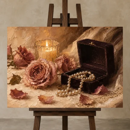 Pearl Jewelry Box Romantic Bedroom Wall Art Canvas Print displayed on a studio easel