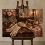 Vanity Mirror Romantic Bedroom Wall Art Canvas Print displayed on a studio easel