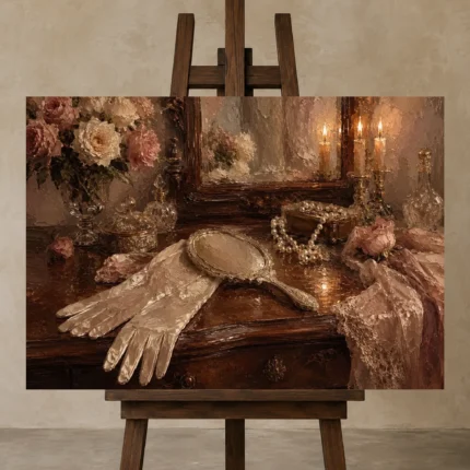 Vanity Mirror Romantic Bedroom Wall Art Canvas Print displayed on a studio easel
