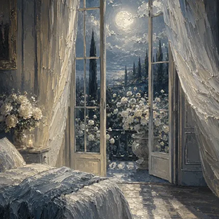 Moonlit French Doors Moonlit Bedroom Wall Art Canvas Print