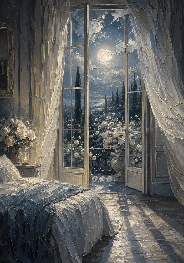 Moonlit French Doors Moonlit Bedroom Wall Art Canvas Print