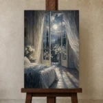 Moonlit French Doors Moonlit Bedroom Wall Art Canvas Print displayed on a studio easel