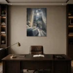 Moonlit French Doors Moonlit Bedroom Wall Art Canvas Print displayed in a contemporary gallery-inspired room