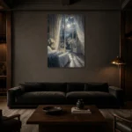 Moonlit French Doors Moonlit Bedroom Wall Art Canvas Print shown in a warm modern interior