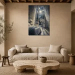 Moonlit French Doors Moonlit Bedroom Wall Art Canvas Print presented in a sophisticated home setting