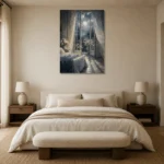 Moonlit French Doors Moonlit Bedroom Wall Art Canvas Print showcased in an elegant minimalist interior
