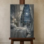 Moonlit Terrace Moonlit Bedroom Wall Art Canvas Print displayed on a studio easel