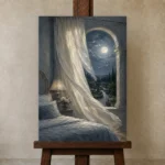 Moonlit Arched Window Moonlit Bedroom Wall Art Canvas Print displayed on a studio easel