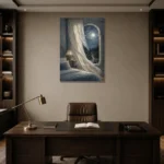 Moonlit Arched Window Moonlit Bedroom Wall Art Canvas Print displayed in a contemporary gallery-inspired room