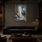 Moonlit Arched Window Moonlit Bedroom Wall Art Canvas Print shown in a warm modern interior