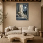 Moonlit Arched Window Moonlit Bedroom Wall Art Canvas Print presented in a sophisticated home setting
