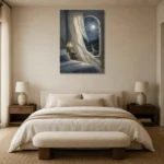 Moonlit Arched Window Moonlit Bedroom Wall Art Canvas Print showcased in an elegant minimalist interior