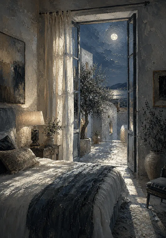 Moonlit Coastal Doorway Moonlit Bedroom Wall Art Canvas Print