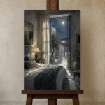 Moonlit Coastal Doorway Moonlit Bedroom Wall Art Canvas Print displayed on a studio easel