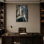 Moonlit Coastal Doorway Moonlit Bedroom Wall Art Canvas Print displayed in a contemporary gallery-inspired room