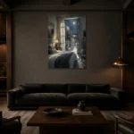 Moonlit Coastal Doorway Moonlit Bedroom Wall Art Canvas Print shown in a warm modern interior