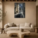 Moonlit Coastal Doorway Moonlit Bedroom Wall Art Canvas Print presented in a sophisticated home setting