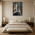 Moonlit Coastal Doorway Moonlit Bedroom Wall Art Canvas Print showcased in an elegant minimalist interior