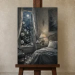 Moonlit Rose Window Moonlit Bedroom Wall Art Canvas Print displayed on a studio easel