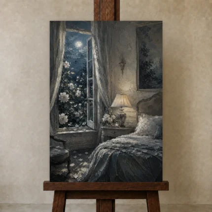 Moonlit Rose Window Moonlit Bedroom Wall Art Canvas Print shown in Studio Easel