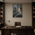 Moonlit Rose Window Moonlit Bedroom Wall Art Canvas Print displayed in a contemporary gallery-inspired room