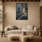 Moonlit Rose Window Moonlit Bedroom Wall Art Canvas Print presented in a sophisticated home setting