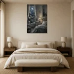 Moonlit Rose Window Moonlit Bedroom Wall Art Canvas Print showcased in an elegant minimalist interior