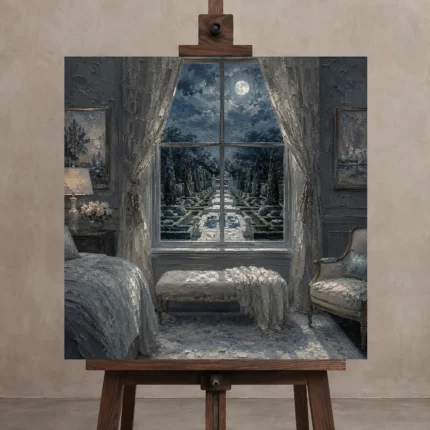 Moonlit Garden Window Moonlit Bedroom Wall Art Canvas Print displayed on a studio easel