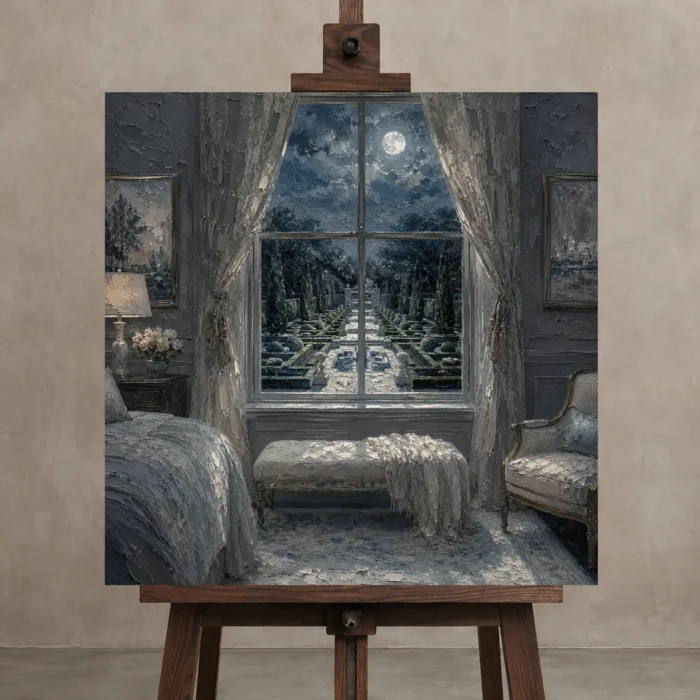 Moonlit Garden Window Moonlit Bedroom Wall Art Canvas Print displayed on a studio easel