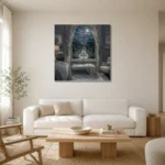 Moonlit Garden Window Moonlit Bedroom Wall Art Canvas Print styled in a refined neutral interior