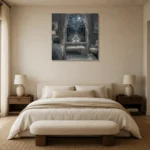 Moonlit Garden Window Moonlit Bedroom Wall Art Canvas Print showcased in an elegant minimalist interior