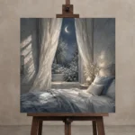 Crescent Moon Garden Moonlit Bedroom Wall Art Canvas Print displayed on a studio easel